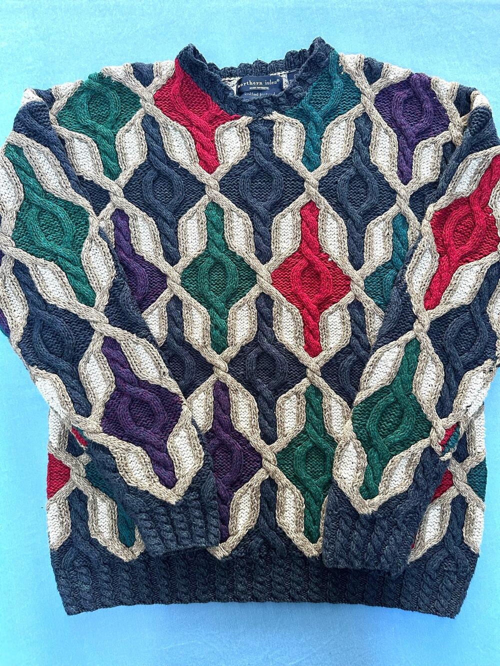 VTG Northern Isles 3D Knit Sweater Mens L Ramie Cotton Geometric Cable